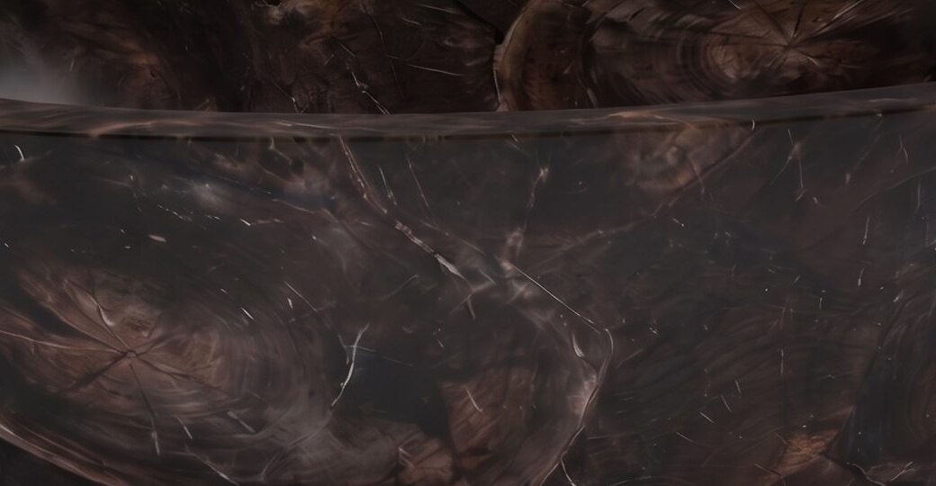 Close detail of petrified bog oak showing dark figured grain, pale mineral veining and the polished rim of the bathtub